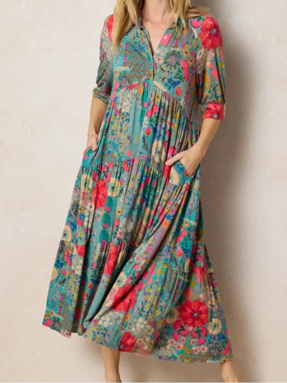 Natural Life Rebecca “ButterSoft" Blue Garden Patchwork MIDI Dress. Size XL.